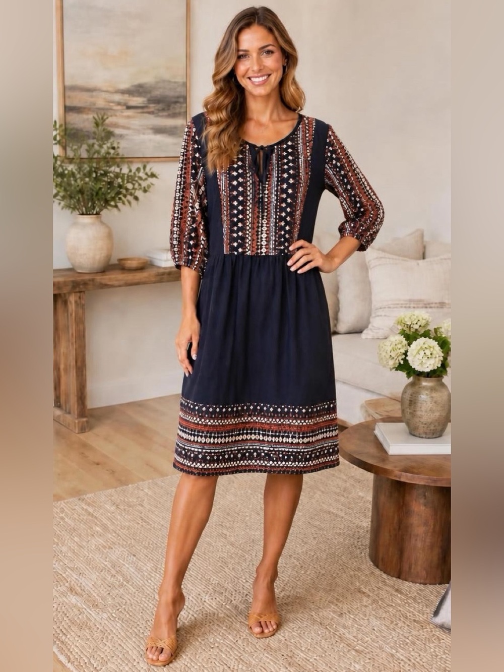 BloomChic Boho Midi Dress Navy Geometric Print Tie Neck 3/4 Sleeve Size 12 Large